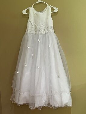 White Girls' Floral Appliqué Tulle Party Dress